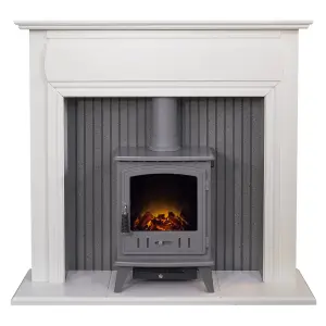 Adam Florence Stove Fireplace in Pure White with Aviemore Electric Stove in Grey Enamel, 48 Inch