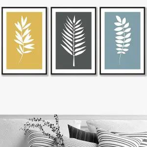 Set of 3 Framed Yellow, Grey, Blue Graphical Leaves Wall Art Prints / 50x70cm / Black Frame