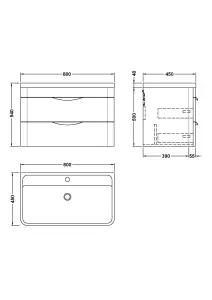 Wall Hung 2 Drawer Vanity Unit with Ceramic Basin - 800mm - Soft Black