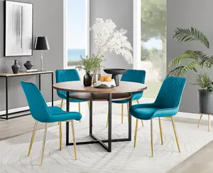 Adley Brown Wood Effect And Black Round Dining Table with Storage Shelf and 4 Blue Velvet Gold Leg Pesaro Dining Chairs