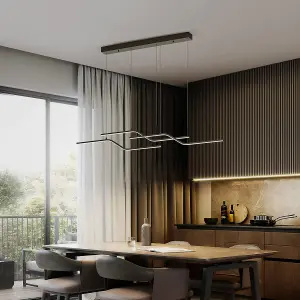 Garwarm Modern Black Dimmable LED 3-Light Wave Linear Chandelier Light with Remote for Dining Room Kitchen Island