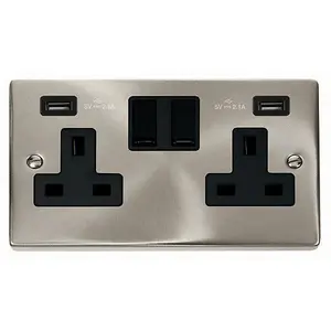 Satin / Brushed Chrome 2 Gang 13A 2 USB Twin Double Switched Plug Socket - Black Trim - SE Home