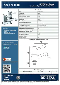 Bristan Lever Basin Pillar Taps Utility Taps Chrome Plated with Metal Back Nut