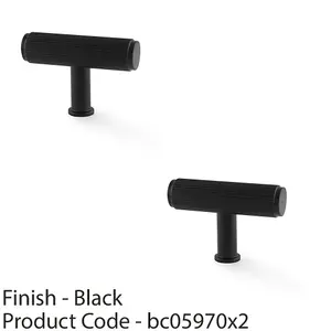 2 PACK - Reeded T Bar Cupboard Door Knob - 55mm x 38mm Matt Black Lined Pull Handle