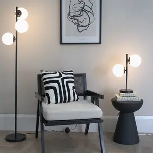 ValueLights Jas Black 3 Way Floor Lamp with White Frosted Glass Globe Shades