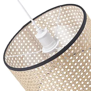 Natural Wicker Rattan Drum Shaped Pendant Lamp Shade with Black Cotton Trims