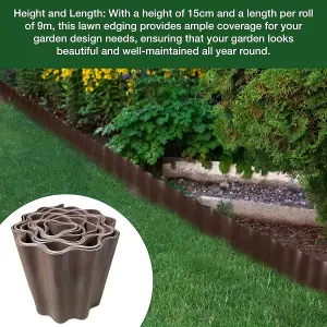 9 Metres Brown  Flexible Plastic Lawn Edging Durable, Weatherproof, and Frost-Resistant  15cm Height