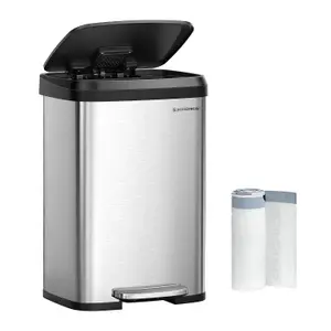 SONGMICS Trash Can, Kitchen Rubbish Can, Tall and Spacious Metal Waste Bin with Lid, Silver and Black