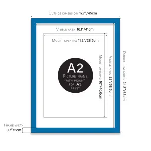 A2 Blue Picture Frame With Mount for A3 (29.7 x 42cm - 11.7 x 16.5in) Poster, Photo, Artwork, or Print.