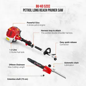 BU-KO 52cc Long Reach Petrol Hedge Trimmer and Pruner Saw with 75cm Extension Pole and Toolbag