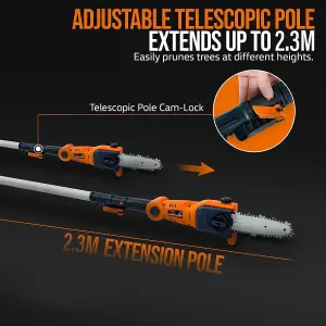 SuperHandy Pole Chain Saw Cordless 20cm with 20V Battery Pack, Extension Pole, Branch Cutting and Tree Trimming SKU:GEUT064