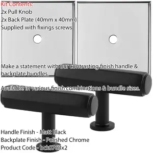 2 PACK - Cabinet Door Knob & Contrasting Backplate Set - Hex T Bar Pull - Matt Black & Chrome