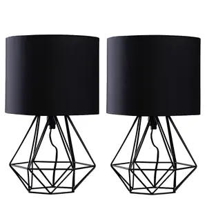 ValueLights Angus Pair of Black Metal Basket Cage Bed Side Table Lamps with Black Fabric Shades and LED Bulbs In Warm White