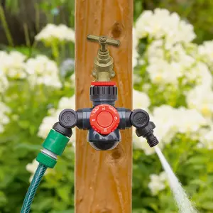 Garden Tap 3-Way Adaptor with Dial Operation - Outdoor Tap Splitter Water Distributor with 2 Hosepipe Connections & Central Tap