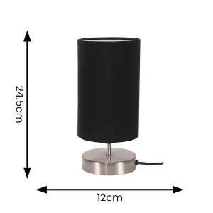 ValueLights Francis Pair - Brushed Chrome Cylinder Touch Dimmer Table Lamp with Black Fabric Shade Bedside Light