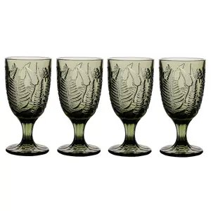 Set of 4 Vintage Luxury Green Leaf Embossed Drinking Wine Glass Wine Goblets 230ml