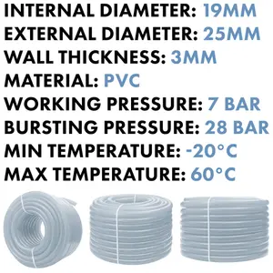 Clear PVC Braided Hose,Food Grade/Oil/Water/Fuel Reinforced Pipe,Tube 19mm internal,25mm external (3m)