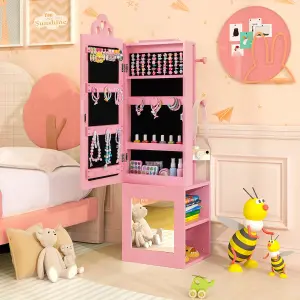 COSTWAY 117CM Standing Kids Jewelry Armoire Jewelry Storage Organizer with Dress-up Mirror