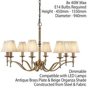 Avery Ceiling Pendant Chandelier Light 8 Lamp Antique Brass & Beige Pleat Shade