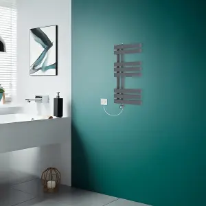 Rinse Bathrooms WiFi Thermostatic Electric Bathroom Heated Towel Rail Radiator with Timer D Shape Tube 800x450mm Sand Grey