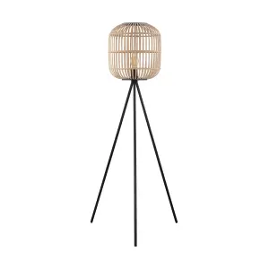 EGLO Bordesley Natural Wood and Black Metal Tripod Floor Lamp - Modern Design (D) 35cm