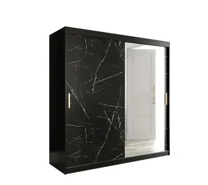 Elegant Black Geneva T2 Sliding Door Wardrobe W2000mm H2000mm D620mm - Mirrored Door, Gold Handles, Extensive Storage