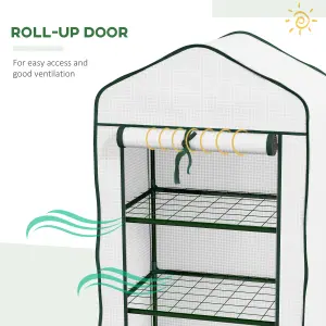 Outsunny Portable Mini Greenhouse with Roll-up Door and Wire Shelves, White