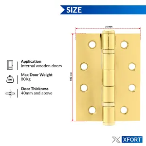 XFORT 4 Inch (100mm) Polished Brass Ball Bearing Hinges, Steel Door Hinge for Wooden Doors (2 Pairs)