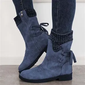 Waterproof Suede Block Heel Ankle Boots Side Zipper Booties Blue-UK7