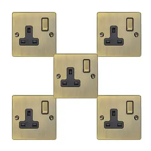 5 PACK 1 Gang Single UK Plug Socket ANTIQUE BRASS 13A Switched Power Outlet