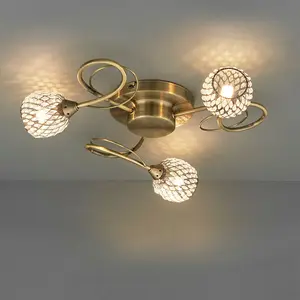 Semi Flush Ceiling Light Brass Glass Beads 3 Bulb Hanging Pendant Lamp Shade