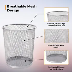 MantraRaj Silver Round Metal Mesh Waste Paper Bin Lightweight Circular Mesh Trash Can Waste Basket Garbage Can Waste Bin(2)