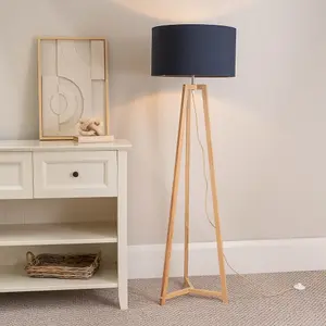 ValueLights Lottie Natural Wood Tripod Floor Lamp with Navy Blue Drum Shade - LED Bulb Included