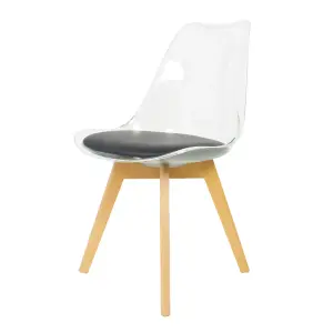 Soho Clear and Black Plastic Dining Chair with Squared Light Wood Legs