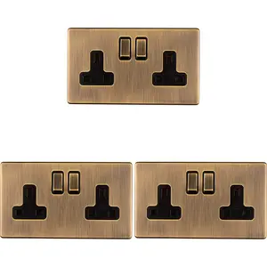 3 PACK 2 Gang DP 13A Switched UK Plug Socket SCREWLESS ANTIQUE BRASS Wall Power