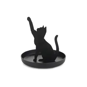 Feline Cat Black Metal Playful Catching Toy Pose Ring Trinket Tray Bowl