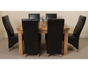 Richmond 140cm - 220cm Oak Extending Dining Table and 6 Chairs Dining Set with Lola Black Leather Chairs