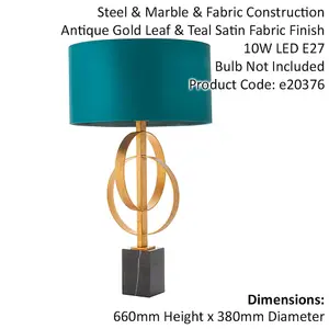 2 PACK Antique Gold Table Lamp & Teal Satin Shade - Black Marble Base Desk Light