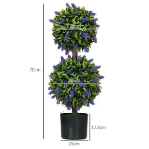 HOMCOM Set of 2 Potted Artificial Plants Ball Tree with Lavender Flowers, 70cm