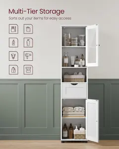 VASAGLE Tall Bathroom Cabinet Free Standing, Slim Bathroom Storage Cupboard, Open Shelf, Glass Door, Space-Saving, Cloud White