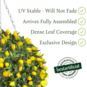 Best Artificial 28cm Yellow Tulip Hanging Basket Flower Topiary Ball - Suitable for Outdoor Use - Weather & Fade Resistant