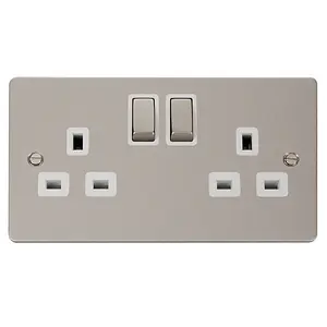 Flat Plate Pearl Nickel 2 Gang 13A DP Ingot Twin Double Switched Plug Socket - White Trim - SE Home