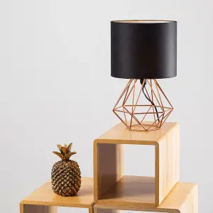 ValueLights Angus Modern Copper Metal Basket Cage Bed Side Table Lamp with Black Fabric Shade with LED Golfball Bulb In Warm White