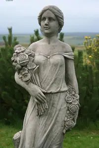 Large Conservatory Female Statue with Rose Bouquet on a Plinth