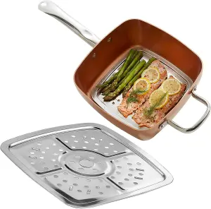 Cera Titanware Deep-Sided Copper-Infused Square Non-Stick Cooking Pan with Steamer Tray, Frying basket & Glass Lid