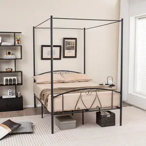 Costway Double Size Metal Canopy Bed Frame 4-Poster Modern Platform Wooden Slat Support