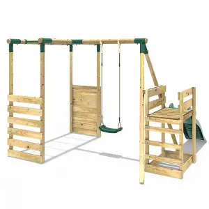 Rebo Wooden Children's Swing Set with Monkey Bars plus Deck & 6ft Slide - Single Swing - Solar Green