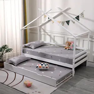 Teddy Kids Childrens Wooden House Treehouse Single Bed Frame With Guest Trundle Bed (White)