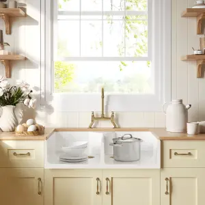 Fireclay Kitchen Bundle - Double Bowl Butler Sink, 2 x Wastes & Bridge Lever Tap, 895mm - Brushed Brass - Balterley