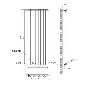 Vertical Anthracite Single Oval Panel Radiator (H)1600mm x (W)472mm, 4540 BTU.